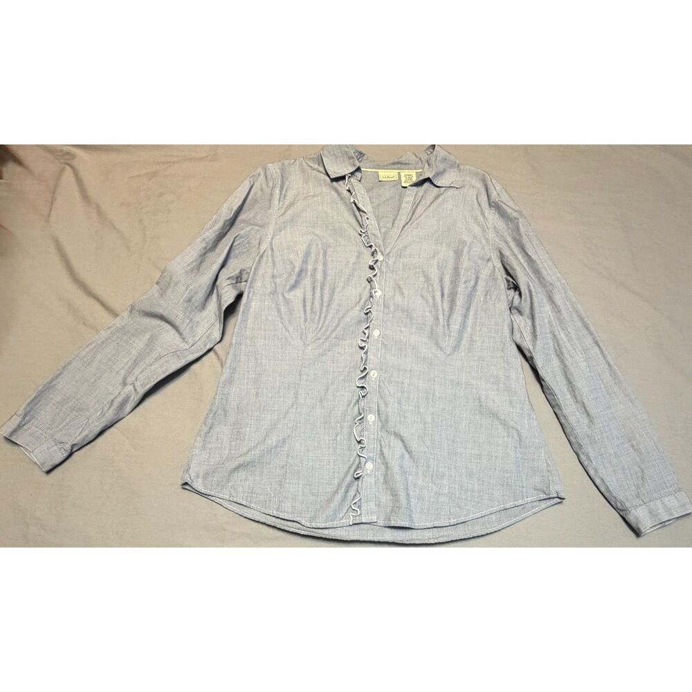 L.L. Bean Ruffle Front Long Sleeve Button-Up Shirt - Women's Medium Regular Blue